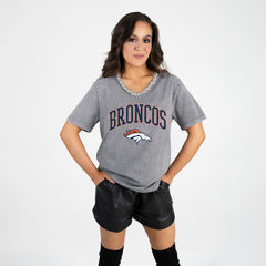 Denver Broncos Gameday Couture Women's Relaxed Iconic Edge Rhinestone V-Neck T-Shirt Gray