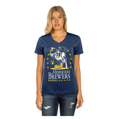 Milwaukee Brewers New Era Women's Little Miss 2 V-Neck T-Shirt - Navy - New Era Discount