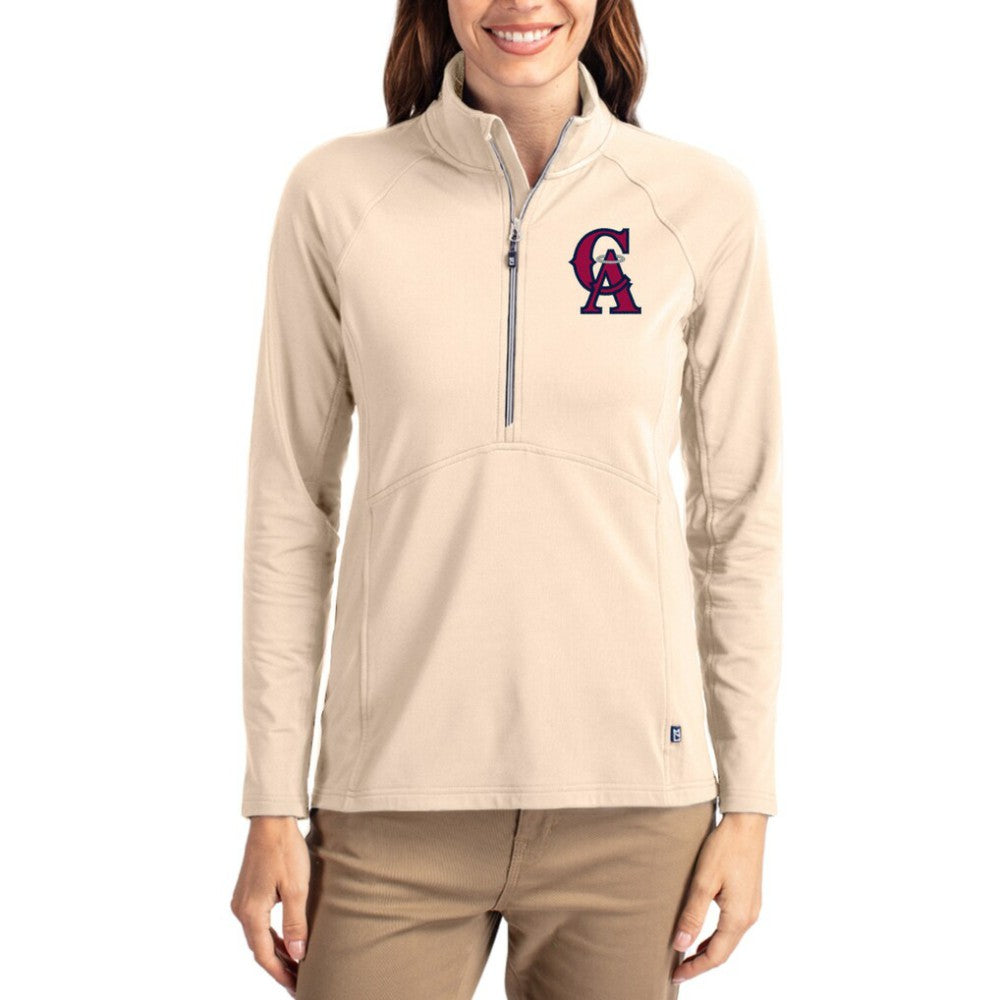 Los Angeles Angels Cutter & Buck Women's Cooperstown Collection Adapt Eco Knit Stretch Half-Zip Pullover - Tan - MLB Lifestyle