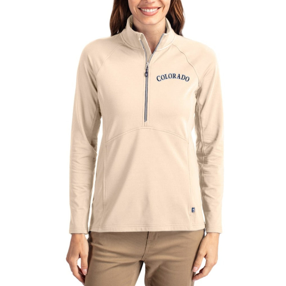 Colorado Rockies Cutter & Buck Women's Cooperstown Collection Adapt Eco Knit Stretch Half-Zip Pullover - Tan - MLB Lifestyle