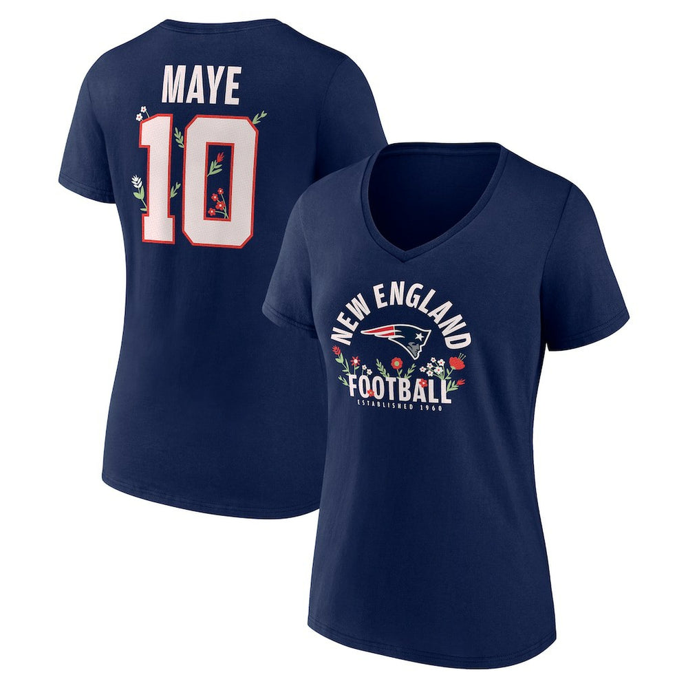 Drake Maye New England Patriots Women's Floral Name & Number V-Neck T-Shirt Navy