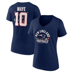 Drake Maye New England Patriots Women's Floral Name & Number V-Neck T-Shirt Navy