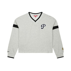 Philadelphia Phillies Mitchell & Ness Women's Cooperstown Collection V-Neck Cropped Toggle Sweatshirt - Heather Gray - Mitchell & Ness Lifestyle
