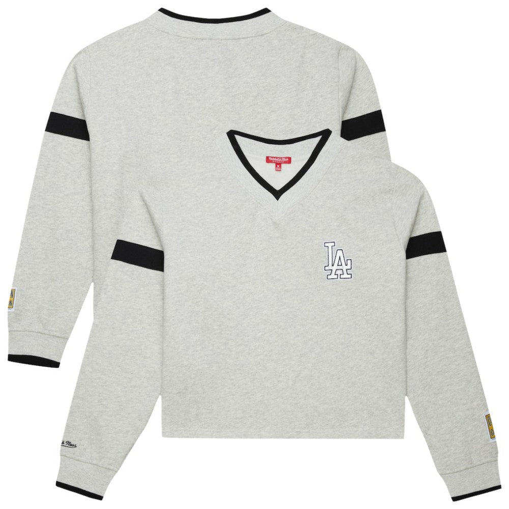 Los Angeles Dodgers Mitchell & Ness Women's Cooperstown Collection V-Neck Cropped Toggle Sweatshirt - Heather Gray - Mitchell & Ness Lifestyle