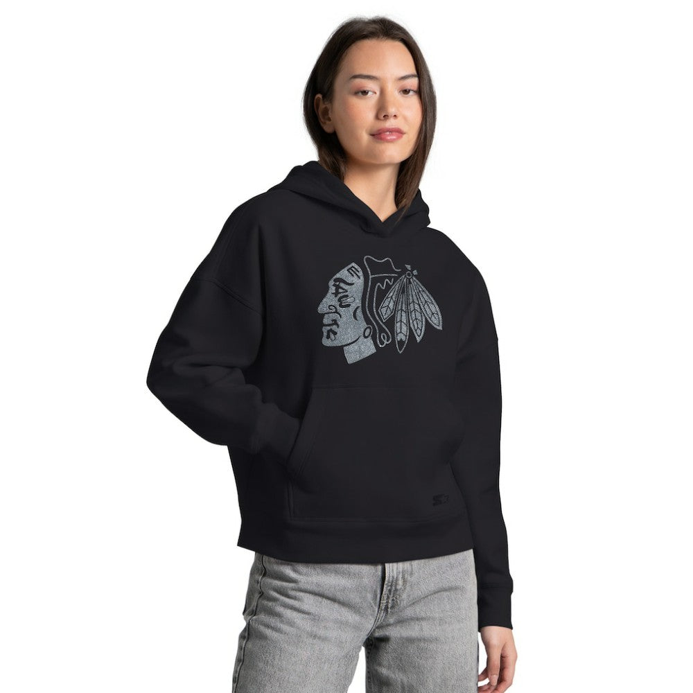 Chicago Blackhawks Starter Women's Rhinestone Relaxed Hoodie - Black - NHL 203437514