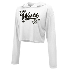 T.J. Watt Pittsburgh Steelers Majestic Threads Women's Glitter Wordmark Hoodie White