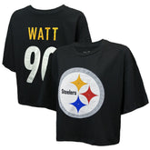 T.J. Watt Pittsburgh Steelers Majestic Threads Women's Swarovski Crystals Boxy Cropped Name & Number T-Shirt Black