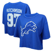 Aidan Hutchinson Detroit Lions Majestic Threads Women's Swarovski Crystals Boxy Cropped Name & Number T-Shirt Blue