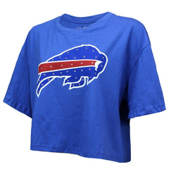 Josh Allen Buffalo Bills Majestic Threads Women's Swarovski Crystals Boxy Cropped Name & Number T-Shirt Royal