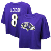 Lamar Jackson Baltimore Ravens Majestic Threads Women's Swarovski Crystals Boxy Cropped Name & Number T-Shirt Purple