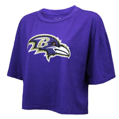 Lamar Jackson Baltimore Ravens Majestic Threads Women's Swarovski Crystals Boxy Cropped Name & Number T-Shirt Purple