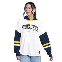 Milwaukee Brewers G-III 4Her by Carl Banks Women's Key Player Oversized Hooded Long Sleeve T-Shirt - White/Navy - MLB Sale