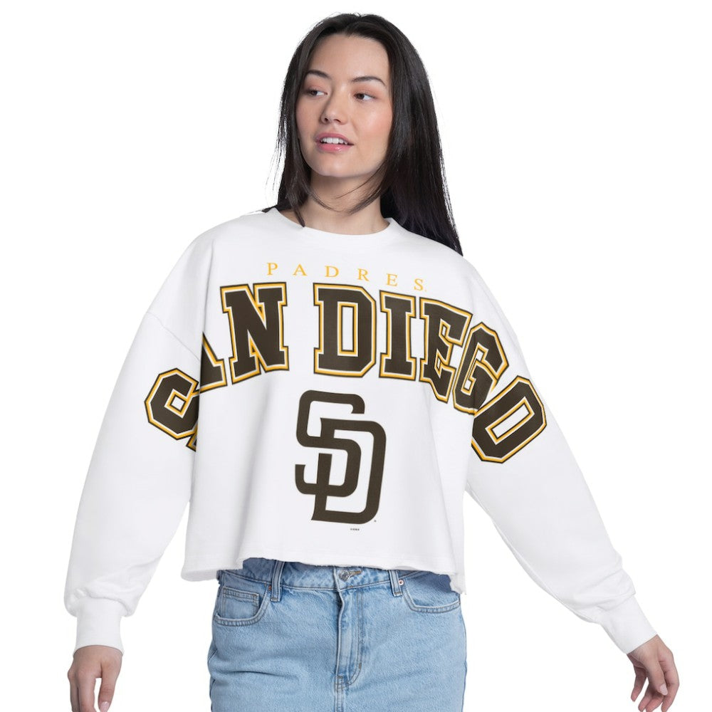 San Diego Padres G-III 4Her by Carl Banks Women's Bleachers Cropped Pullover Sweatshirt - White - MLB Sale