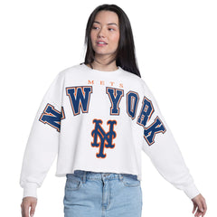 New York Mets G-III 4Her by Carl Banks Women's Bleachers Cropped Pullover Sweatshirt - White - MLB Discount