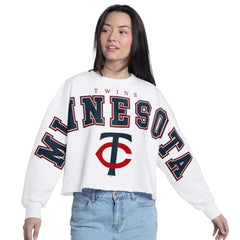Minnesota Twins G-III 4Her by Carl Banks Women's Bleachers Cropped Pullover Sweatshirt - White - MLB Sale