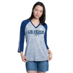 Los Angeles Dodgers G-III 4Her by Carl Banks Women's Speed Training 3/4-Sleeve Rhinestone V-Neck T-Shirt - Royal/Heather Royal - MLB Lifestyle