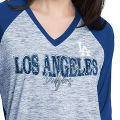 Los Angeles Dodgers G-III 4Her by Carl Banks Women's Speed Training 3/4-Sleeve Rhinestone V-Neck T-Shirt - Royal/Heather Royal - MLB Lifestyle