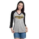 Pittsburgh Pirates G-III 4Her by Carl Banks Women's Speed Training 3/4-Sleeve Rhinestone V-Neck T-Shirt - Black/Heather Black - MLB Online
