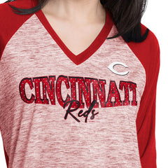 Cincinnati Reds G-III 4Her by Carl Banks Women's Speed Training 3/4-Sleeve Rhinestone V-Neck T-Shirt - Red/Heather Red - MLB Discount