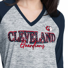 Cleveland Guardians G-III 4Her by Carl Banks Women's Speed Training 3/4-Sleeve Rhinestone V-Neck T-Shirt - Navy/Heather Navy - MLB Discount