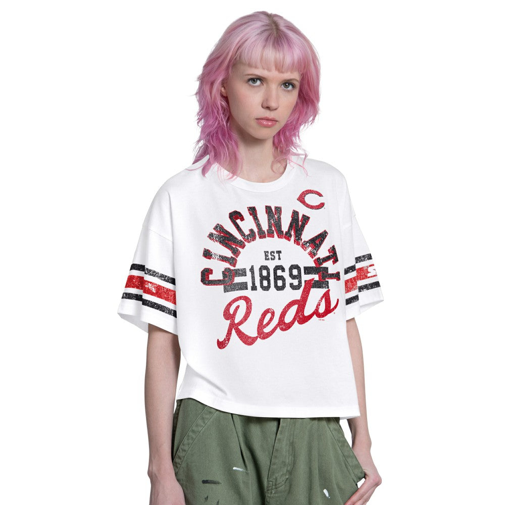 Cincinnati Reds Starter Women's Cropped Hurry Up Offense T-Shirt - White - MLB Sale