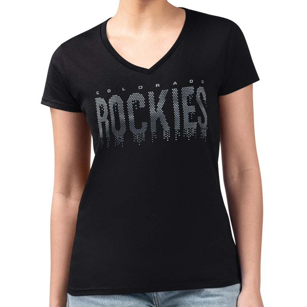 Colorado Rockies G-III 4Her by Carl Banks Women's Metallic Drop Lightweight V-Neck T-Shirt - Black - MLB on Sale