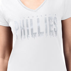 Philadelphia Phillies G-III 4Her by Carl Banks Women's Metallic Drop Lightweight V-Neck T-Shirt - White - MLB on Sale