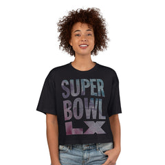 Super Bowl LX G-III 4Her by Carl Banks Women's Play Ball Oversized Rhinestone Cropped T-Shirt Black