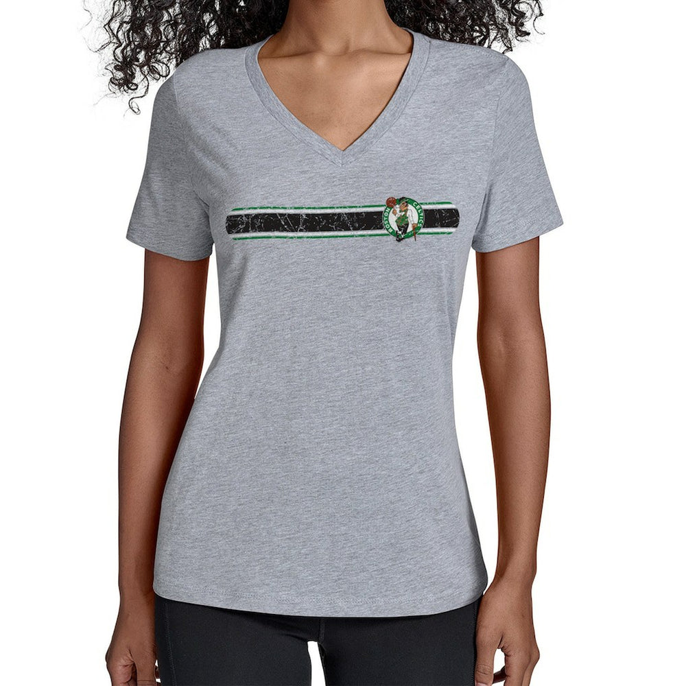 Boston Celtics Starter Women's Team Stripe V-Neck T-Shirt Gray