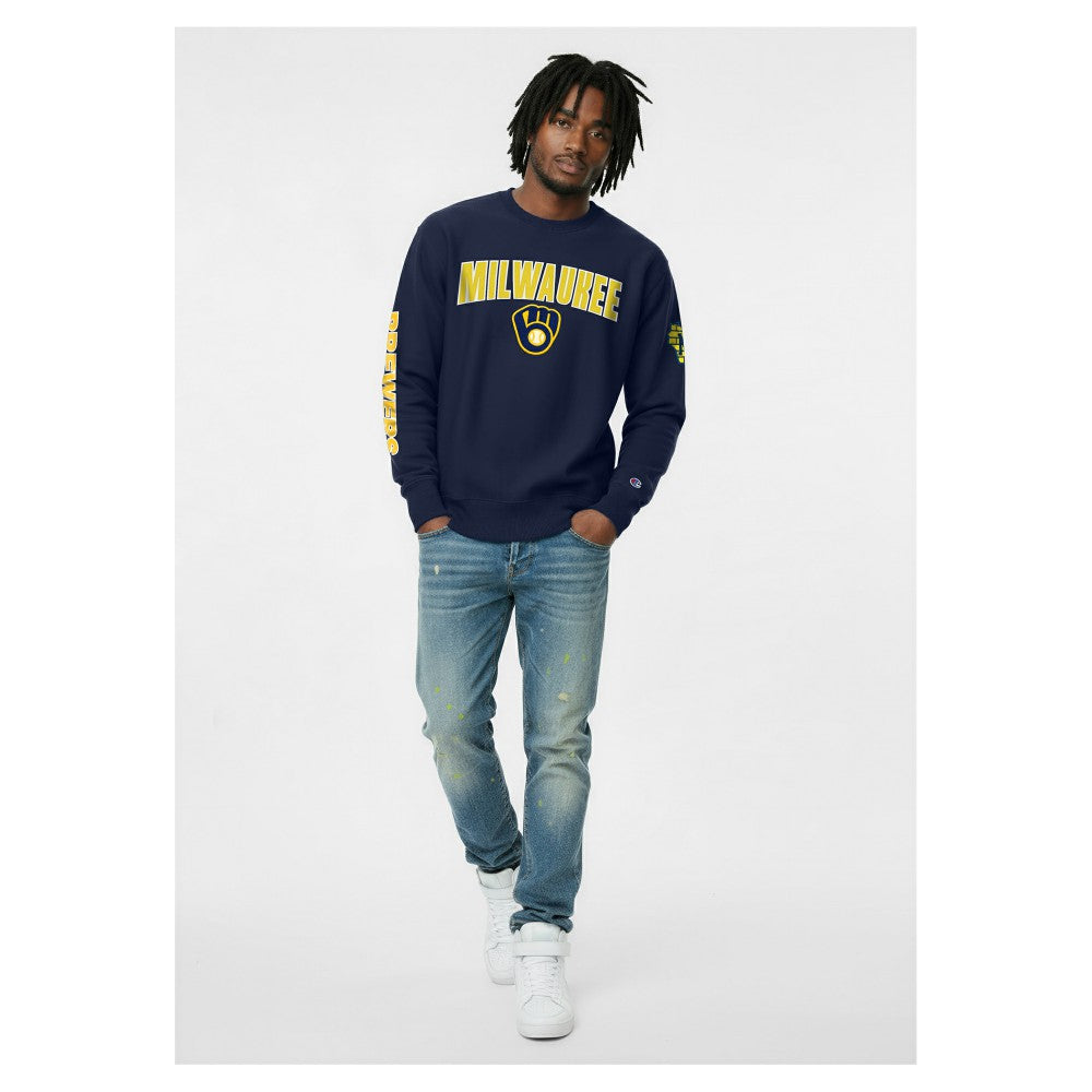 Milwaukee Brewers Champion Reverse Weave Chenille Sweatshirt - Navy - MLB on Sale