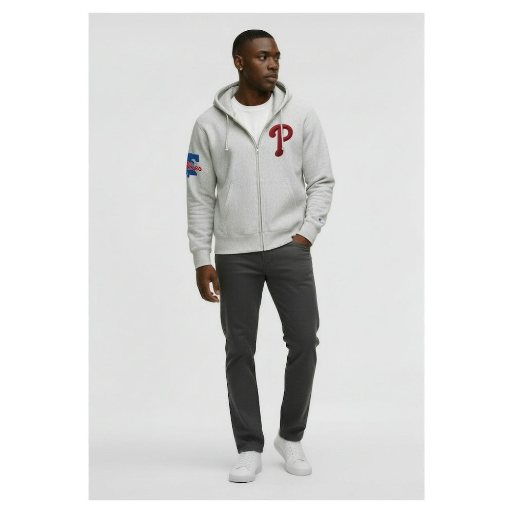 Philadelphia Phillies Champion Reverse Weave Chenille Full-Zip Hoodie - Gray - MLB Lifestyle