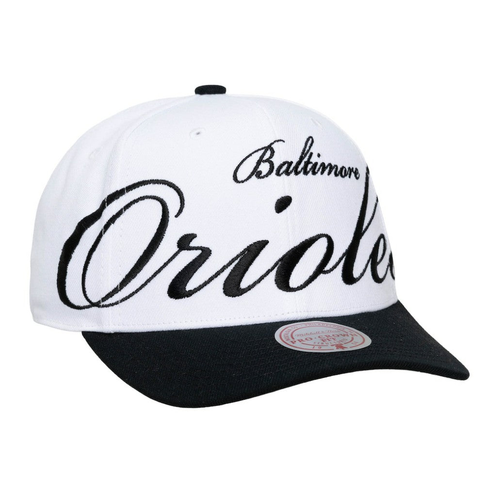 Baltimore Orioles Mitchell & Ness Unisex XL Script Pro Crown Snapback Hat - White/Black - Mitchell & Ness Online