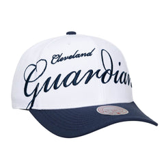 Cleveland Guardians Mitchell & Ness Unisex XL Script Pro Crown Snapback Hat - White/Navy - Mitchell & Ness on Sale