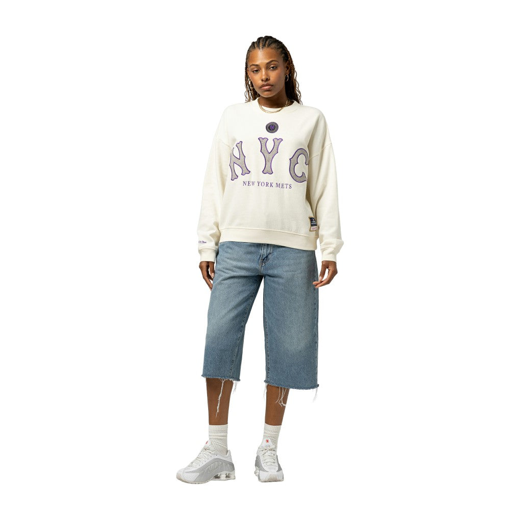 New York Mets Mitchell & Ness Women's Premium Oversized Crewneck Sweatshirt - Cream - Mitchell & Ness Online