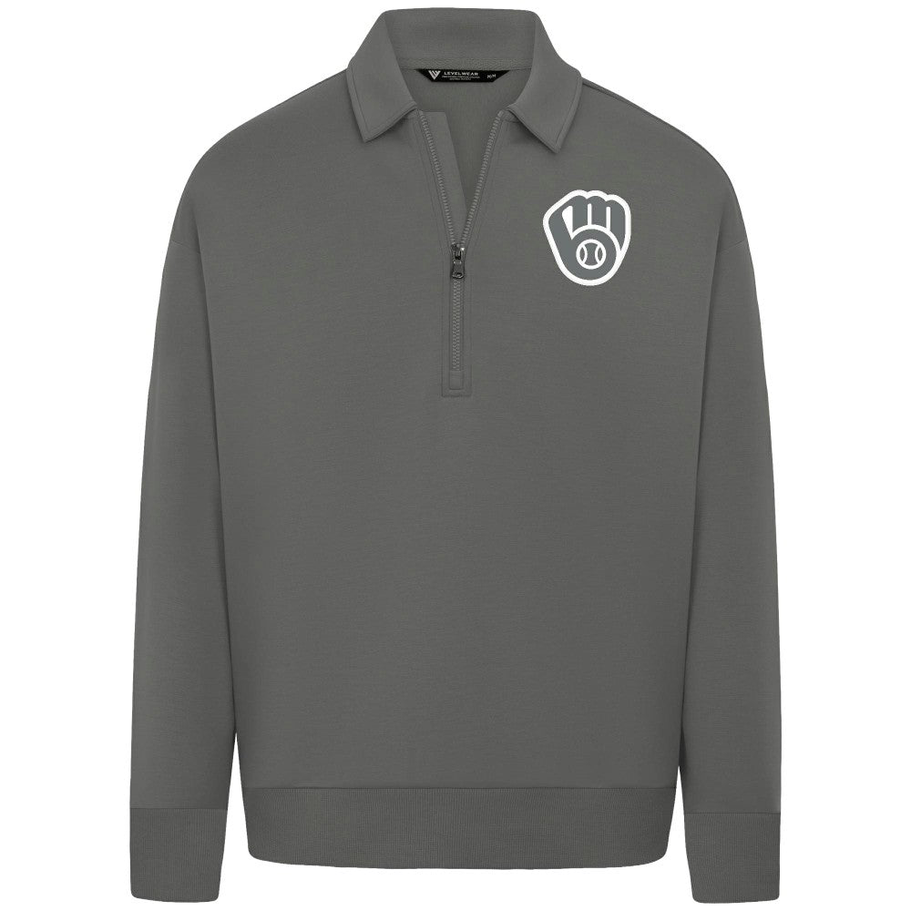 Milwaukee Brewers Levelwear Luxe Signature Quarter-Zip Chenille Logo Tri-Blend Sweatshirt - Gray - MLB Sale