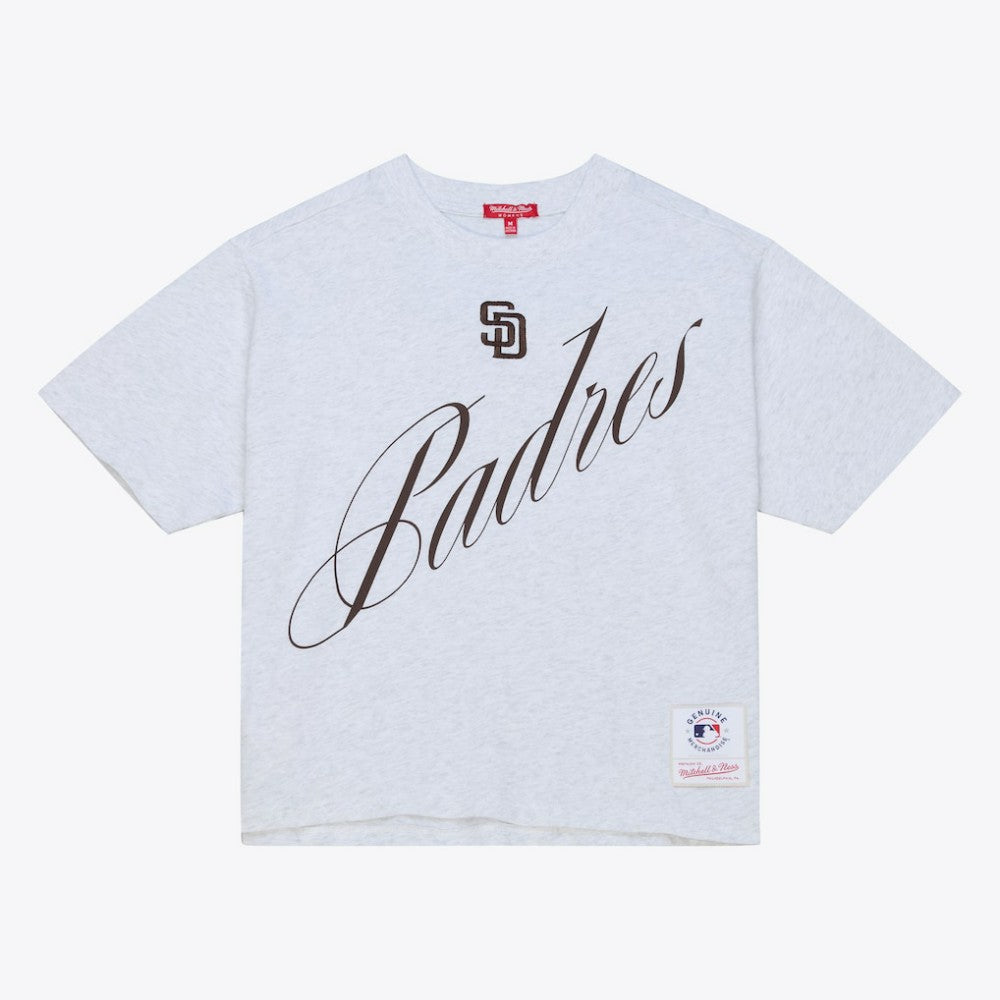 San Diego Padres Mitchell & Ness Women's Script Cropped Boxy T-Shirt - Heather Gray - Mitchell & Ness Sale