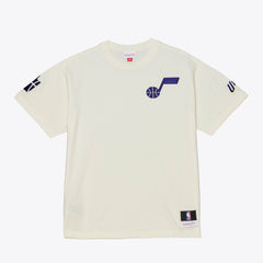 Utah Jazz Hardwood Classics Chainstitch Premium T-Shirt Cream | Mitchell & Ness online