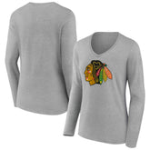 Chicago Blackhawks Women's Primary Logo Long Sleeve V-Neck T-Shirt - Gray - NHL 203555628