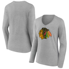 Chicago Blackhawks Women's Primary Logo Long Sleeve V-Neck T-Shirt - Gray - NHL 203555628