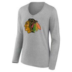 Chicago Blackhawks Women's Primary Logo Long Sleeve V-Neck T-Shirt - Gray - NHL 203555628