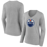Edmonton Oilers Women's Primary Logo Long Sleeve V-Neck T-Shirt - Gray - NHL 203555635
