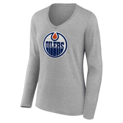 Edmonton Oilers Women's Primary Logo Long Sleeve V-Neck T-Shirt - Gray - NHL 203555635