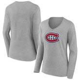 Montreal Canadiens Women's Primary Logo Long Sleeve V-Neck T-Shirt - Gray - NHL 203555647