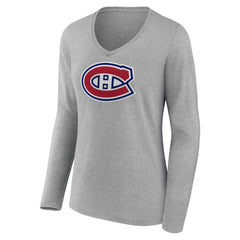 Montreal Canadiens Women's Primary Logo Long Sleeve V-Neck T-Shirt - Gray - NHL 203555647