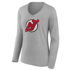 New Jersey Devils Women's Primary Logo Long Sleeve V-Neck T-Shirt - Gray - NHL 203555651