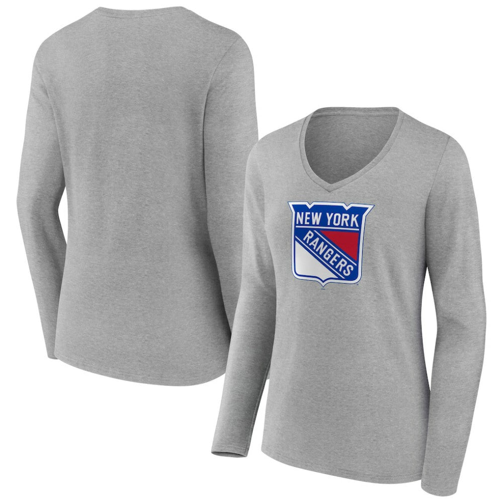 New York Rangers Women's Primary Logo Long Sleeve V-Neck T-Shirt - Gray - NHL 203555662