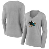 San Jose Sharks Women's Primary Logo Long Sleeve V-Neck T-Shirt - Gray - NHL 203555669