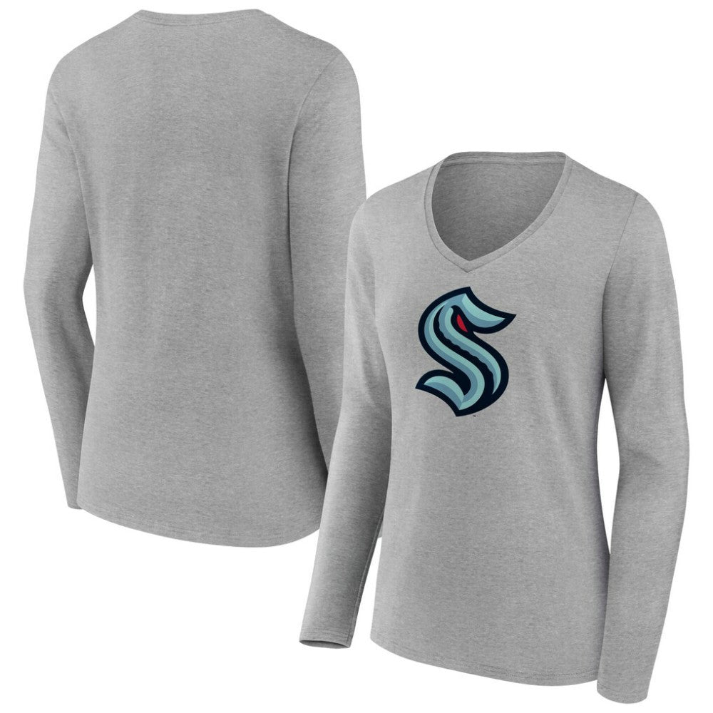 Seattle Kraken Women's Primary Logo Long Sleeve V-Neck T-Shirt - Gray - NHL 203555670