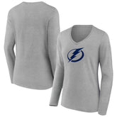 Tampa Bay Lightning Women's Primary Logo Long Sleeve V-Neck T-Shirt - Gray - NHL 203555674