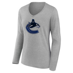 Vancouver Canucks Women's Primary Logo Long Sleeve V-Neck T-Shirt - Gray - NHL 203555678